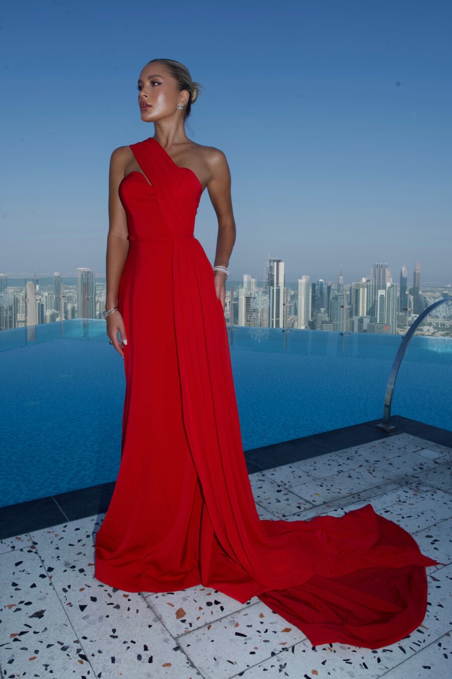 woman standing in Red elegant long evening dress Natalie - long red dress by anabari